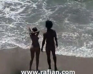 African and milky gals sunbathing on naked beach