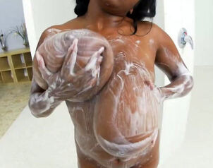 Ebony wondrous wifey washing her hefty saggy boobies before